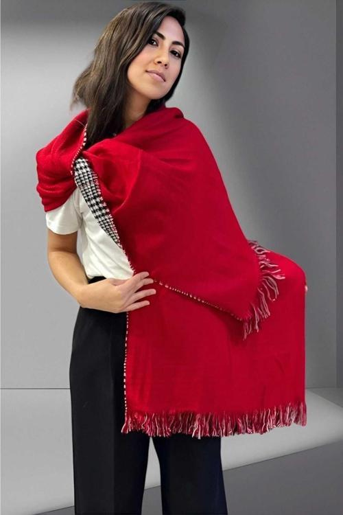 Kadın Çift Taraflı Düz Renk Yumuşak Dokulu Omuz Şalı Atkı  ( 70Cm X 180Cm ) Kırmızı - Gri