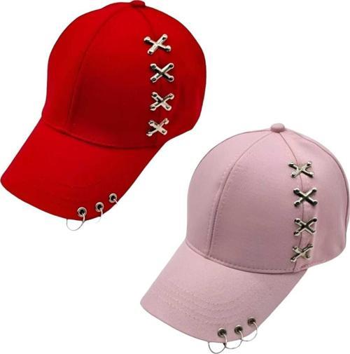 Unisex Punk Master Baseball Kep Şapka 2'Li Set Kırmızı - Pembe