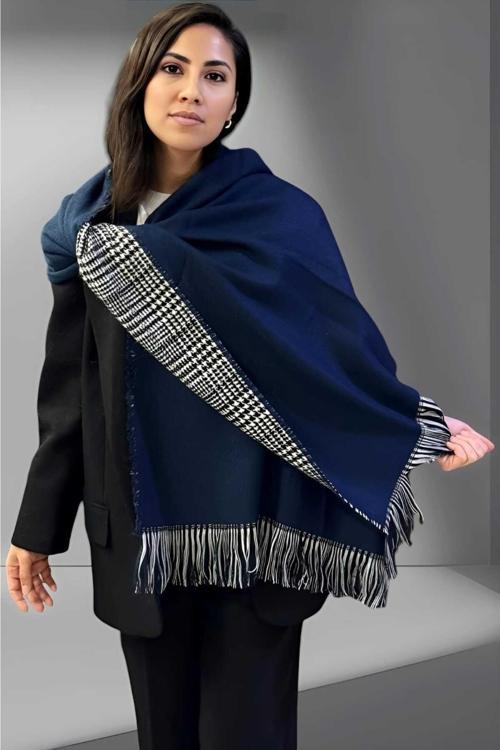 Kadın Çift Taraflı Düz Renk Yumuşak Dokulu Omuz Şalı Atkı  ( 70Cm X 180Cm ) Lacivert - Gri