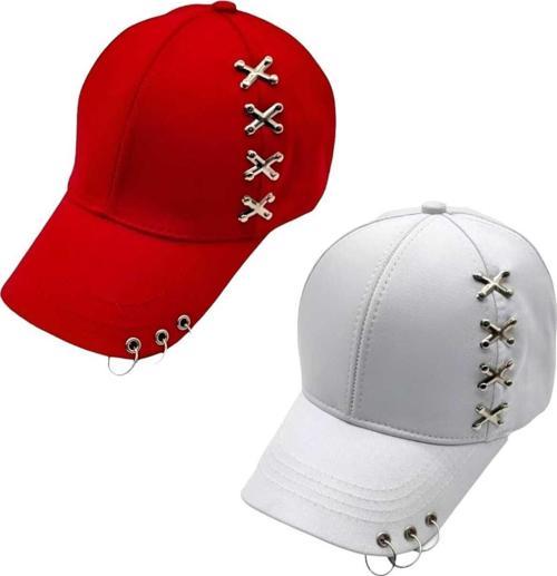 Unisex Punk Master Baseball Kep Şapka 2'Li Set Kırmızı - Beyaz