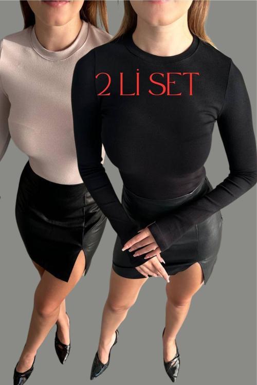 Kadın 2,Li Bisiklet Yaka Parmak Geçmeli Body Premium Kumaş Kaltelisi