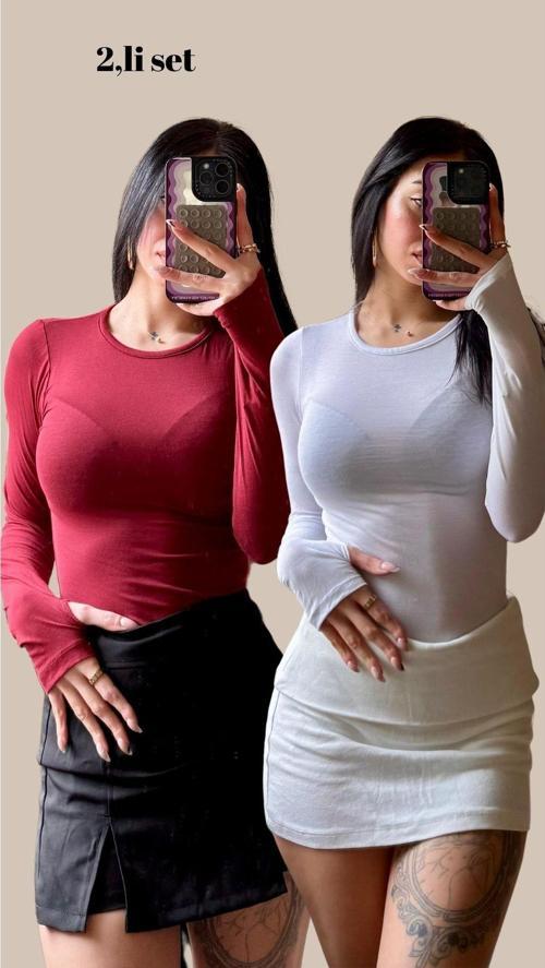 2'Li Parmak Geçme Detaylı Bluz Seti Penye Yumuşacık Kumaş