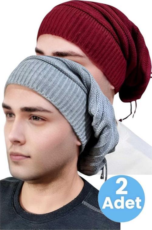 2'Li  Erkek Kışlık Triko Örgü Bere Ve Boyunluk Bordo - Gri