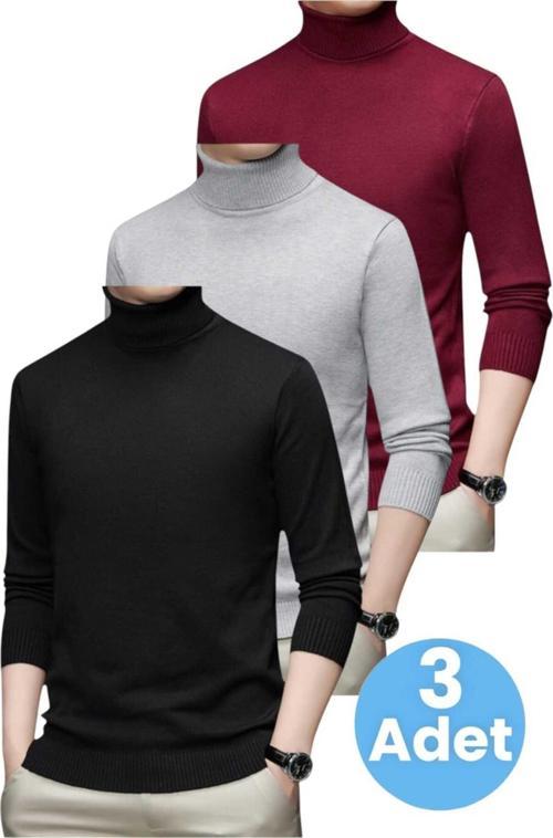 3'Lü Erkek Tüylenmeyen Boğazlı Triko Kazak Balıkçı Triko Kazak Bordo - Gri - Siyah 2XL