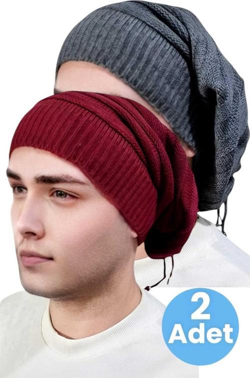 2'Li  Erkek Kışlık Triko Örgü Bere Ve Boyunluk Füme - Bordo