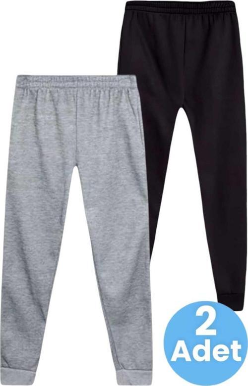 Çocuk Unisex Beli Lastikli Jogger Eşofman Altı 2'Li Set Gri - Siyah 9 Yaş