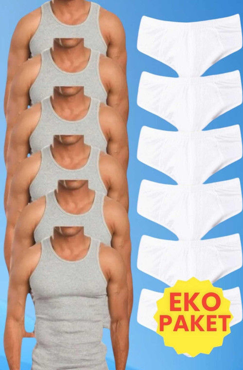 Erkek Pamuklu 6 Atlet 6 Slip Külot Set Gri - Beyaz 2XL