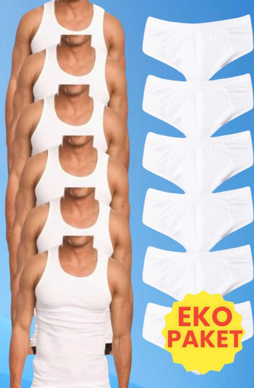 Erkek Pamuklu 6 Atlet 6 Slip Külot Set Beyaz - Beyaz L