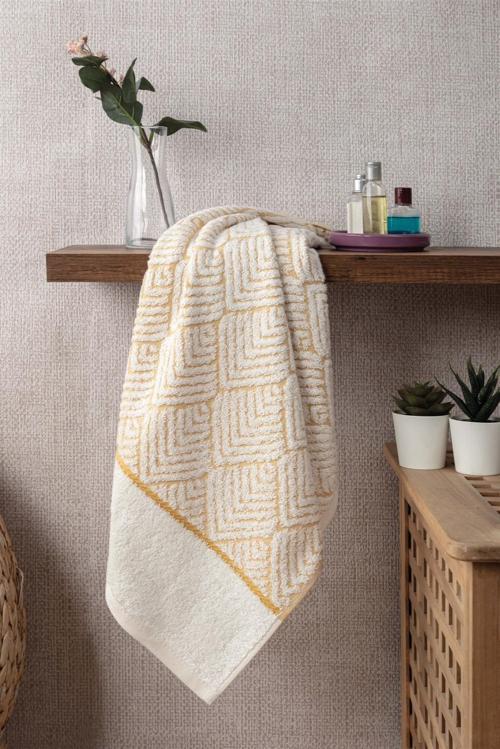 Geometrik Desenli Zemini Renkli Bambu El Havlusu - 50x90 cm - Hardal