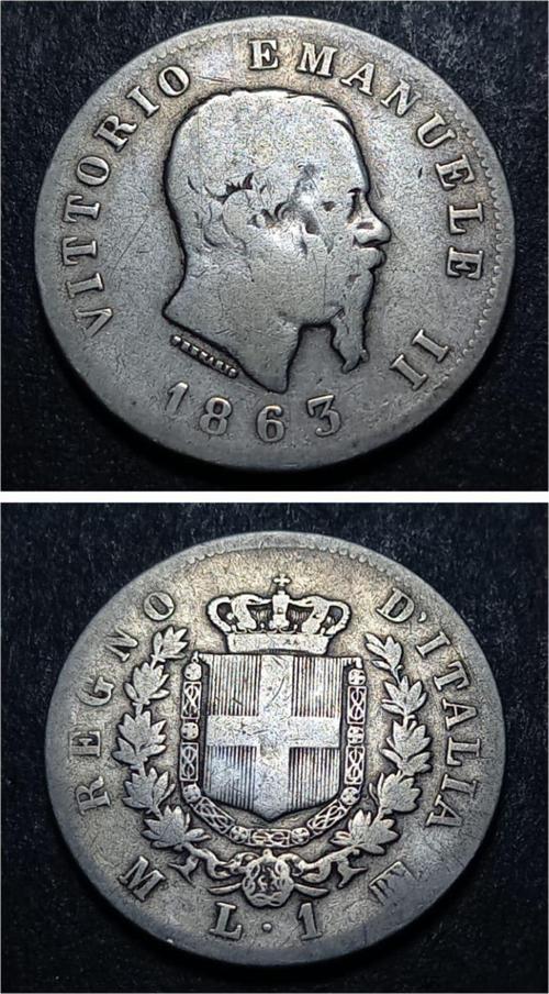 39963680231e9c9499 1863 Italya 1 Liret Gümüş 4,90 Gram Temiz+ Milan eski para