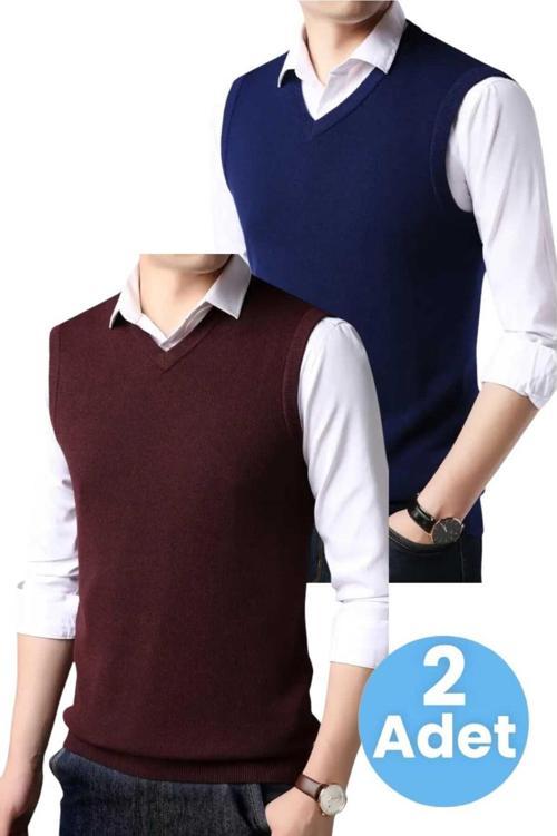 2'Li  Erkek V Yaka Triko Tüylenmez Süveter Erkek Slim Fit Süveter Bordo - Lacivert M