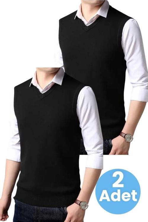 2'Li  Erkek V Yaka Triko Tüylenmez Süveter Erkek Slim Fit Süveter Siyah - Siyah M