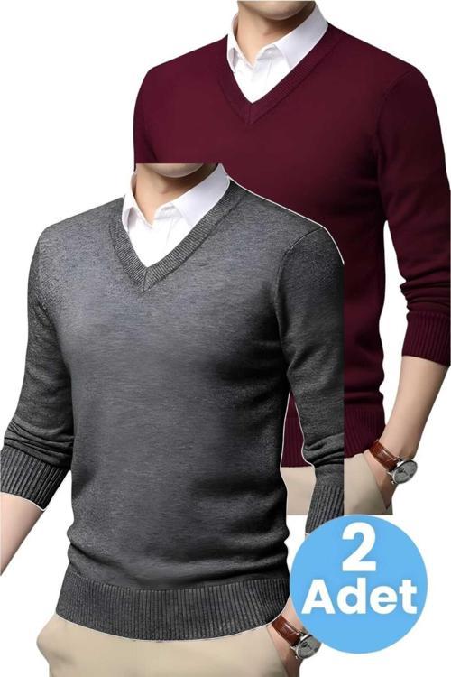2'Li  Erkek V Yaka Uzun Kol Triko Tüylenmez Süveter Erkek Slim Fit Süveter Bordo - Füme M