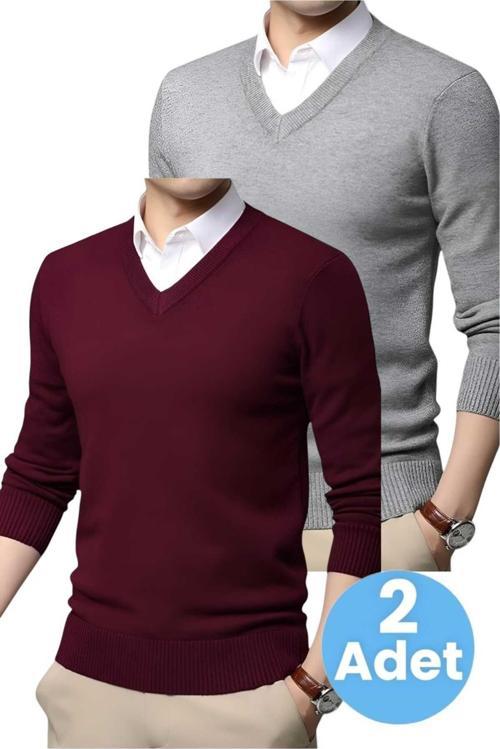 2'Li  Erkek V Yaka Uzun Kol Triko Tüylenmez Süveter Erkek Slim Fit Süveter Bordo - Gri M