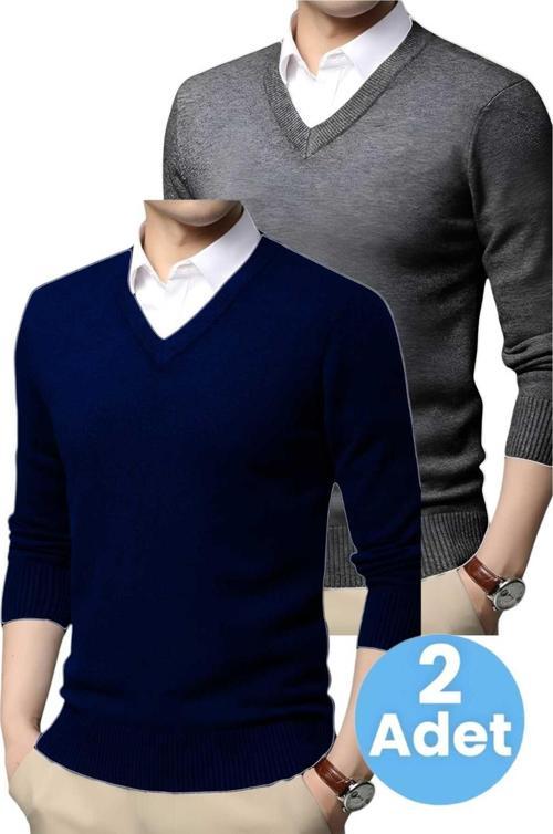 2'Li  Erkek V Yaka Uzun Kol Triko Tüylenmez Süveter Erkek Slim Fit Süveter Füme - Lacivert M