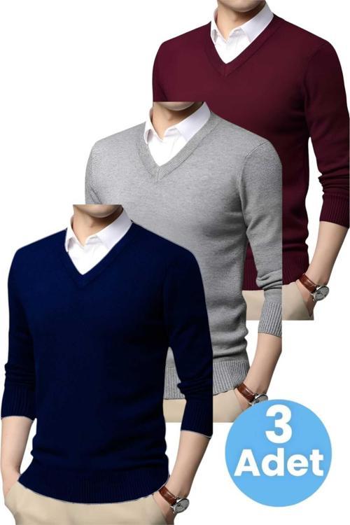 3'Lü   Erkek V Yaka Uzun Kol Triko Tüylenmez Süveter Erkek Slim Fit Süveter Lacivert - Gri - Bordo 2XL