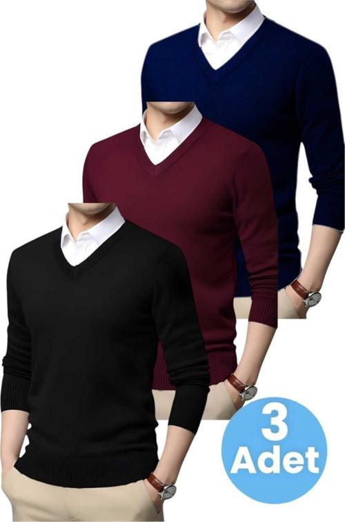 3'Lü   Erkek V Yaka Uzun Kol Triko Tüylenmez Süveter Erkek Slim Fit Süveter Siyah - Bordo - Lacivert 2XL