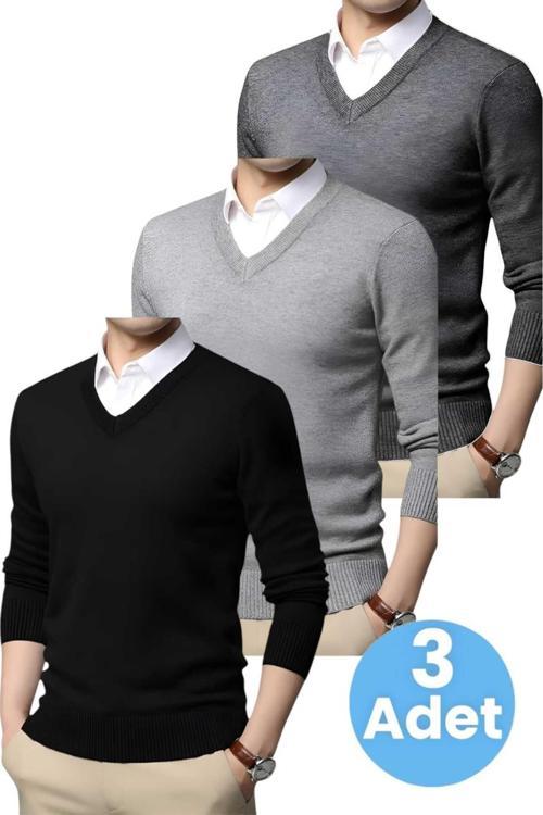 3'Lü   Erkek V Yaka Uzun Kol Triko Tüylenmez Süveter Erkek Slim Fit Süveter Siyah - Gri - Füme 2XL