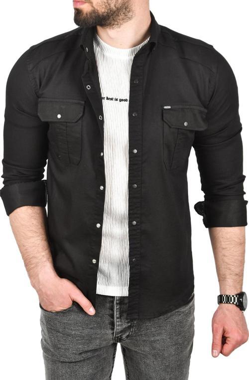 Erkek Siyah Slim Fit Kolay Ütülenebilir Pamuklu Spor Gömlek Likralı Kot Gömlek 2502505