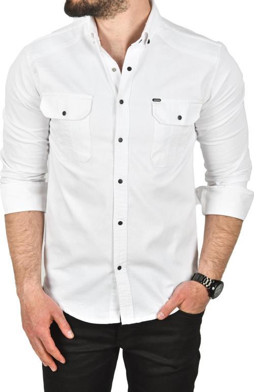 Erkek Beyaz Slim Fit Kolay Ütülenebilir Pamuklu Spor Gömlek Likralı Kot Gömlek 2502505