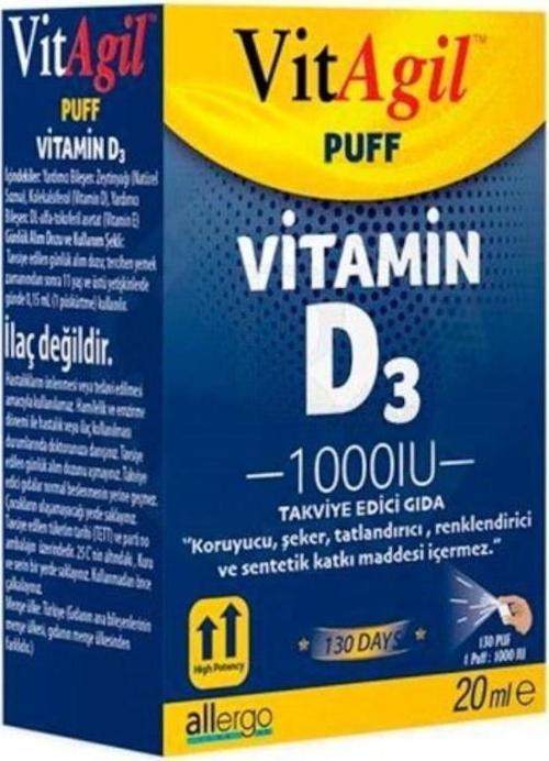 PUFF VİTAMİN D3 TAKVİYE EDİCİ GIDA 1000 İÜ/PÜSKÜRTME 20ML ŞİŞE