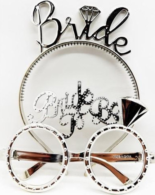 Bride Yazılı Taç ve Bride To Be Yazılı Gözlük Seti Gümüş Renk