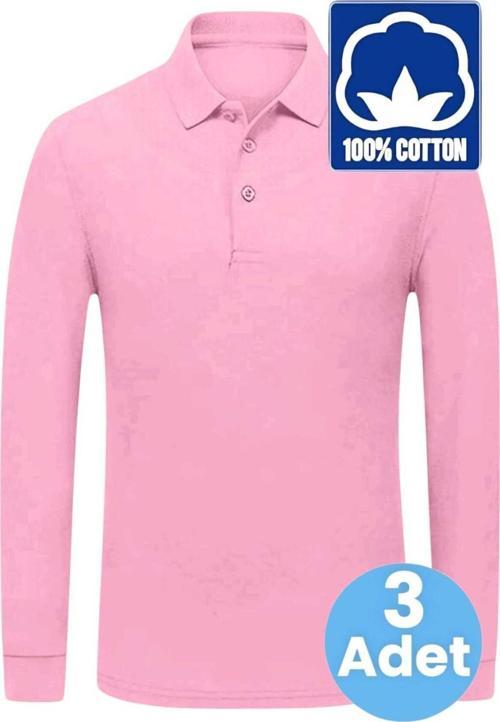 Erkek Çocuk 3'Lü Uzun Kol %100 Pamuklu Polo Yaka T-Shirt Günlük Ve Okul Uniforma Okul T-Shirt Pembe 13-14 Yaş