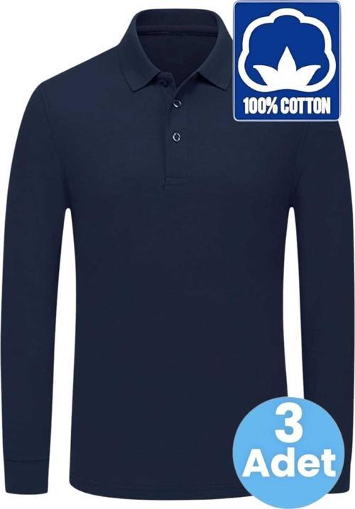 Erkek Çocuk 3'Lü Uzun Kol %100 Pamuklu Polo Yaka T-Shirt Günlük Ve Okul Uniforma Okul T-Shirt Lacivert 13-14 Yaş