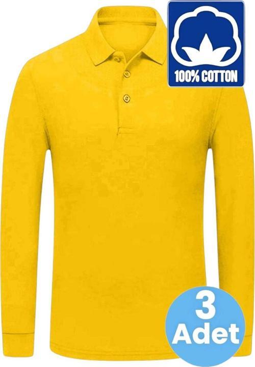 Erkek Çocuk 3'Lü Uzun Kol %100 Pamuklu Polo Yaka T-Shirt Günlük Ve Okul Uniforma Okul T-Shirt Sarı 13-14 Yaş