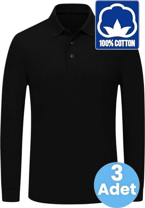 Erkek Çocuk 3'Lü Uzun Kol %100 Pamuklu Polo Yaka T-Shirt Günlük Ve Okul Uniforma Okul T-Shirt Siyah 13-14 Yaş