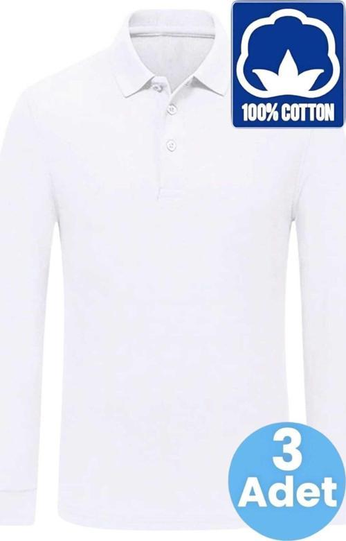 Erkek Çocuk 3'Lü Uzun Kol %100 Pamuklu Polo Yaka T-Shirt Günlük Ve Okul Uniforma Okul T-Shirt Beyaz 13-14 Yaş