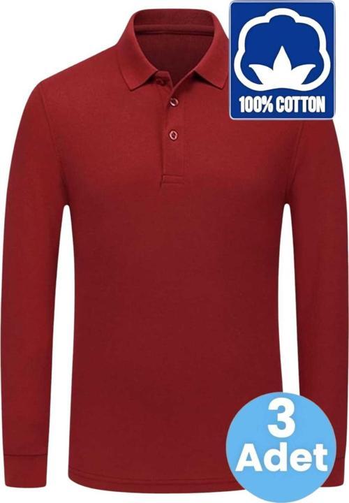 Erkek Çocuk 3'Lü Uzun Kol %100 Pamuklu Polo Yaka T-Shirt Günlük Ve Okul Uniforma Okul T-Shirt Bordo 9-10 Yaş