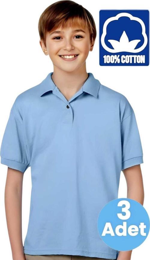 Erkek Çocuk 3'Lü %100 Pamuklu Polo Yaka T-Shirt Günlük Ve Okul Uniforma Okul T-Shirt Bebe Mavisi 14-15 Yaş