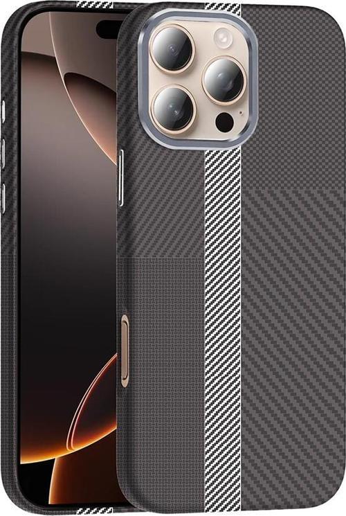 iPhone 16 Pro Kılıf M-safe Şarj Özellikli Karbon Fiber Görünümlü Gros Kılıf Gri-Siyah