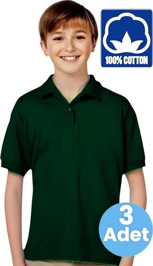 Erkek Çocuk 3'Lü %100 Pamuklu Polo Yaka T-Shirt Günlük Ve Okul Uniforma Okul T-Shirt Haki 14-15 Yaş