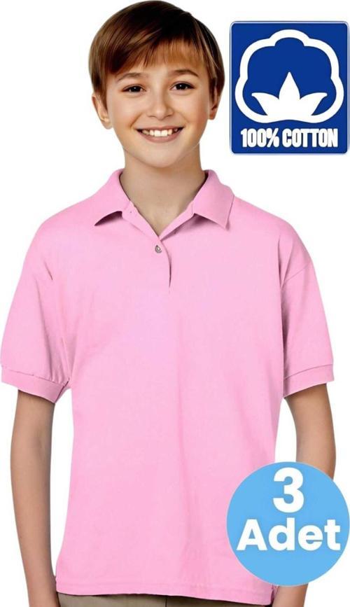 Erkek Çocuk 3'Lü %100 Pamuklu Polo Yaka T-Shirt Günlük Ve Okul Uniforma Okul T-Shirt Pembe 14-15 Yaş