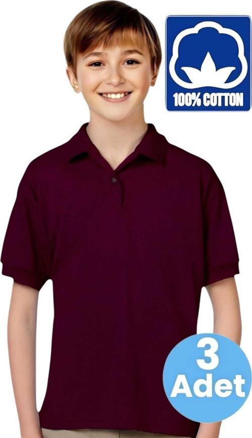 Erkek Çocuk 3'Lü %100 Pamuklu Polo Yaka T-Shirt Günlük Ve Okul Uniforma Okul T-Shirt Bordo 14-15 Yaş