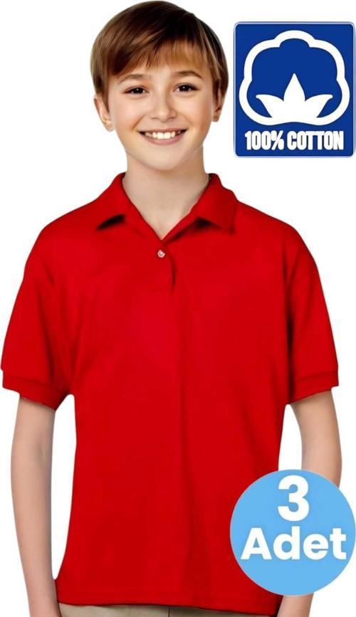 Erkek Çocuk 3'Lü %100 Pamuklu Polo Yaka T-Shirt Günlük Ve Okul Uniforma Okul T-Shirt Kırmızı 14-15 Yaş