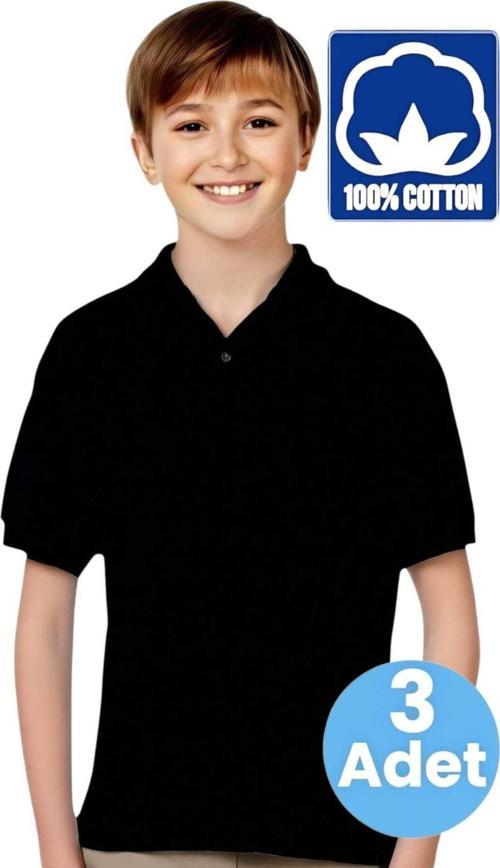 Erkek Çocuk 3'Lü %100 Pamuklu Polo Yaka T-Shirt Günlük Ve Okul Uniforma Okul T-Shirt Siyah 14-15 Yaş