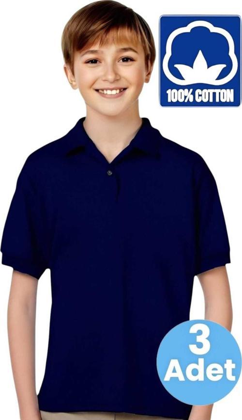 Erkek Çocuk 3'Lü %100 Pamuklu Polo Yaka T-Shirt Günlük Ve Okul Uniforma Okul T-Shirt Lacivert 14-15 Yaş