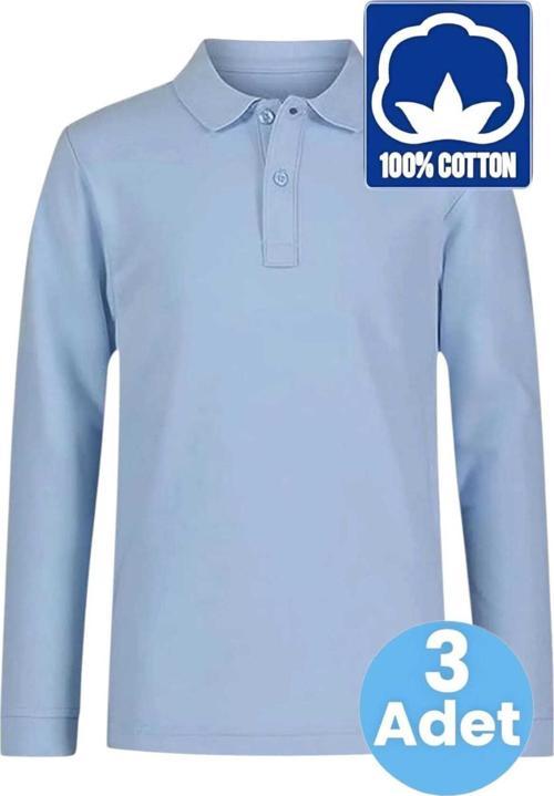 Erkek Çocuk 3'Lü Uzun Kol %100 Pamuklu Polo Yaka T-Shirt Günlük Ve Okul Uniforma Okul T-Shirt Bebe Mavisi 14-15 Yaş