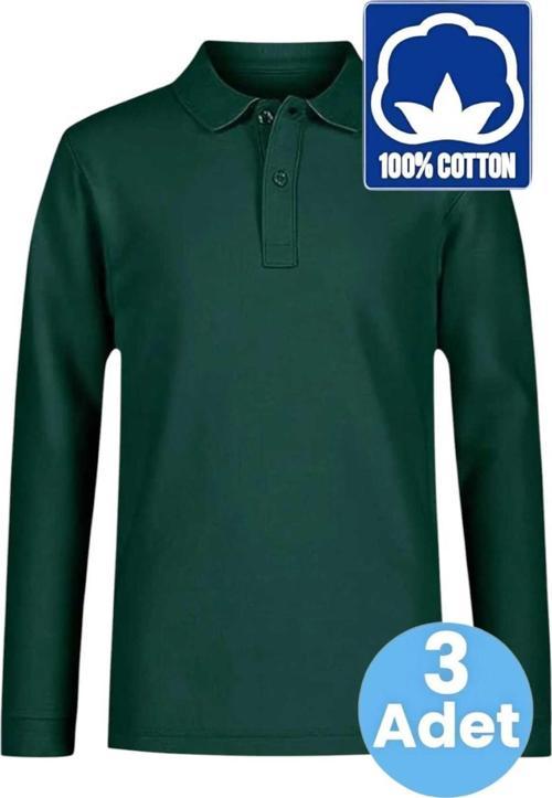Erkek Çocuk 3'Lü Uzun Kol %100 Pamuklu Polo Yaka T-Shirt Günlük Ve Okul Uniforma Okul T-Shirt Haki 14-15 Yaş