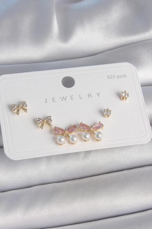 Pirinç Gold Renk Pembe Zirkon Taşlı Fiyonk Model İnci Detay 925 Ayar Gümüş Çivi Kadın Küpe Seti - TJ