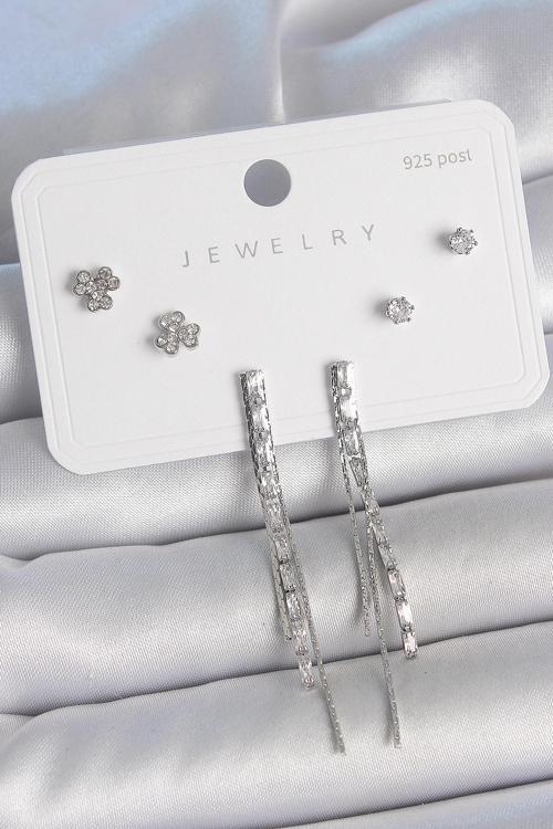 Pirinç Gümüş Renk Su Yolu Zirkon Taşlı Sallantı Model Çiçek Detay 925 Ayar Gümüş Çivi Kadın Küpe Set