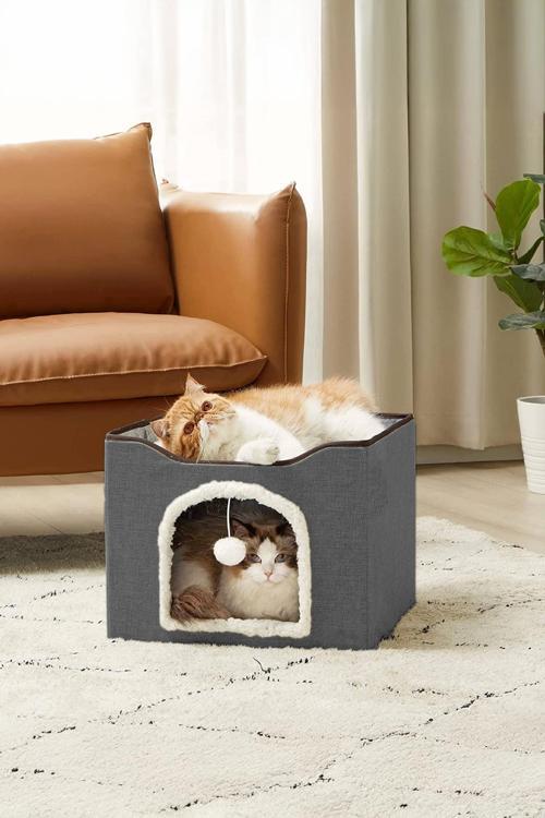 2 Katlı Teraslı Katlanabilir Ponpon Oyuncaklı Kedi Evi Yatağı Gri
