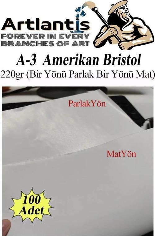 A3 Amerikan Bristol Karton 29.7X42 cm 100 Adet 220 gr Bir Tarafı Parlak Bir Tarafı Mat Kağıt Biristol Karton