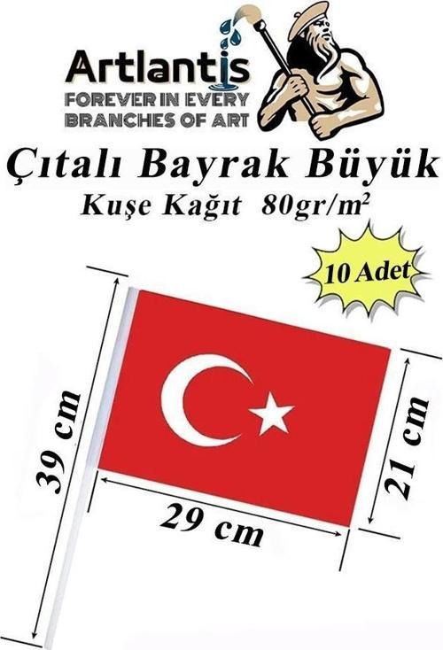 Çıtalı Bayrak Kağıt 21x29 cm 10 Adet Ay Yıldızlı Türk Bayrağı Çıtalı Sopalı Büyük Bayrak Plastik Çubuklu Bayrak