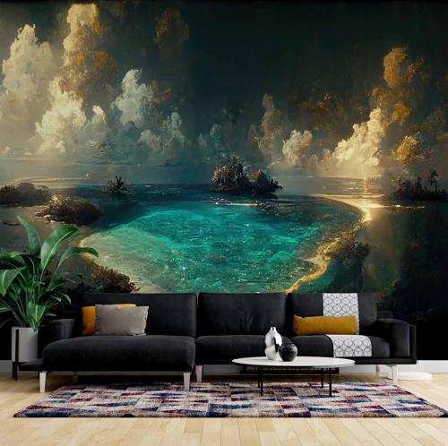 Gece Deniz Manzaralı Suluboya Çizim Duvar Kağıdı