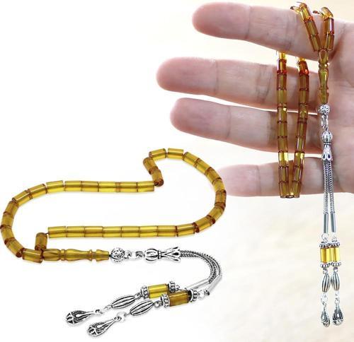 Kararmaz Metal 2 li Kamçı Püsküllü Kesme Kesim Bilek Boy Soft Sarı Ateş Kehribar Tesbih