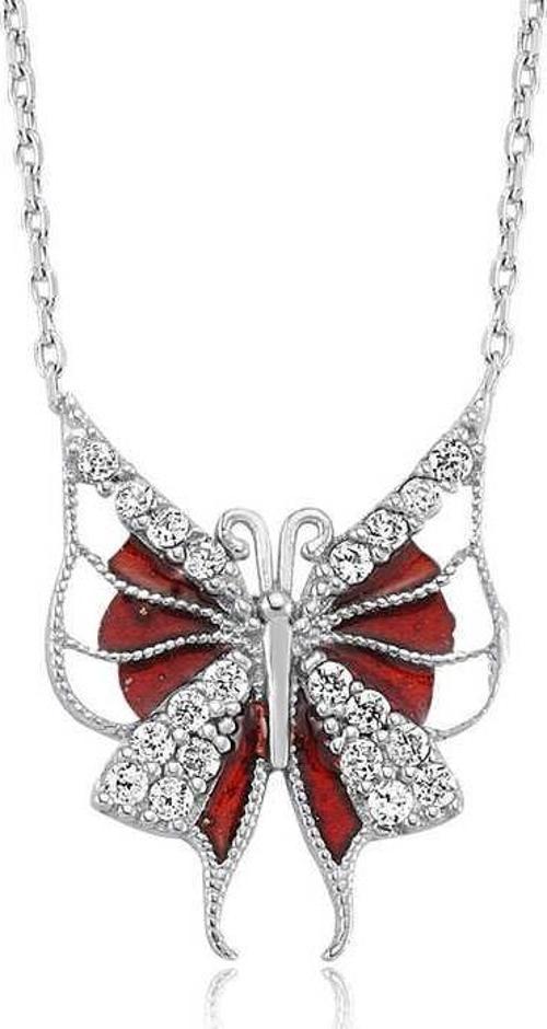 Gümüş Kırmızı Kelebek Bayan Kolye SL1254